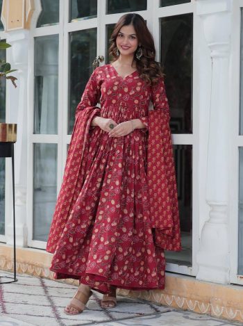 FANCY COTTON DIGITAL PRINTED ALIA CUT GOWN BOTTOM WITH DUPATTA MAROON