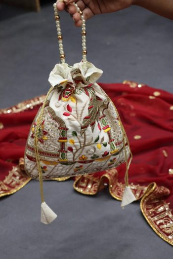 FANCY COTTON EMBROIDERY WITH SEQUENCE WORK AND LACE BORDER WORK POTLI PURSE  OFF WHITE