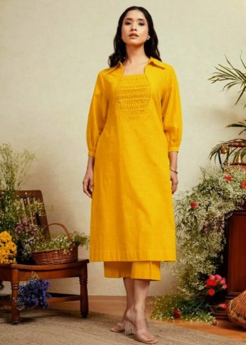 FANCY COTTON PINTEX PATTERN TOP BOTTOM SET YELLOW