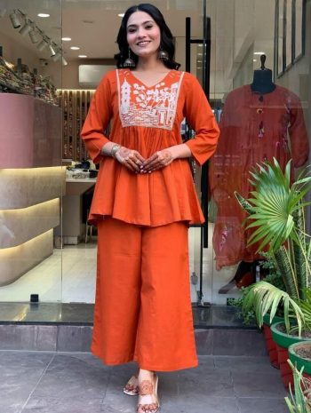 FANCY COTTON SLUB EMBROIDERY WORK KURTI WITH PALAZZO ORANGE