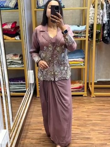 FANCY CREEP SATIN EMBROIDERY WORK DRAPED SKIRT BLOUSE WITH KOTI LAVENDER
