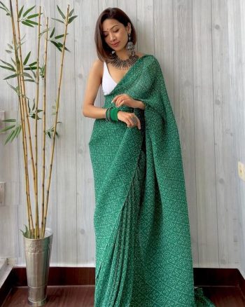 FANCY CRUSHED DIGITAL PRINTED SAREE WITH UNSTITCHED BLOUSE GREEN