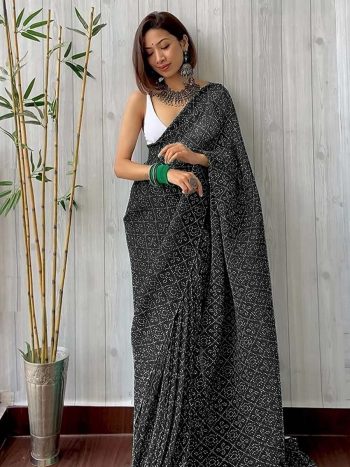 FANCY CRUSHED DIGITAL PRINTED SAREE WITH UNSTITCHED BLOUSE BLACK