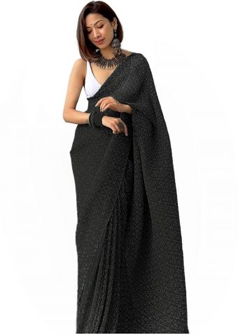 FANCY CRUSHED DIGITAL PRINTED SAREE WITH UNSTITCHED BLOUSE BLACK