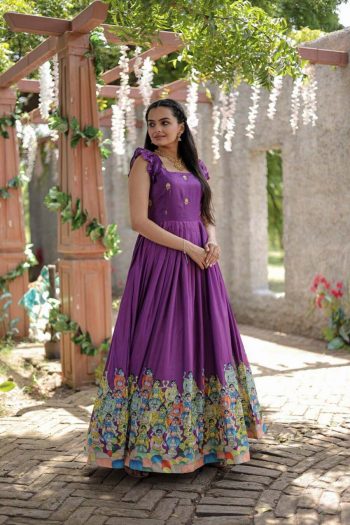 FANCY DOLA SILK PRINTED FRILL WORK SLEEVE ONLY GOWN PURPLE