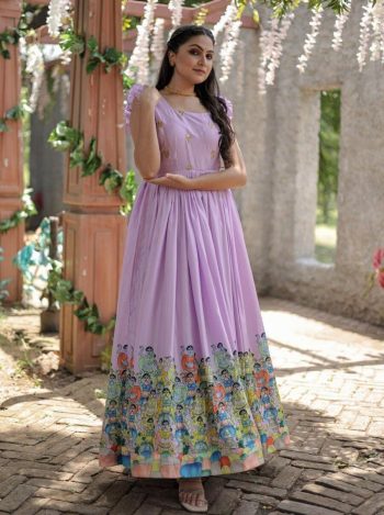 FANCY DOLA SILK PRINTED FRILL WORK SLEEVE ONLY GOWN LAVENDER