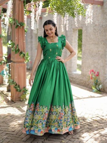 FANCY DOLA SILK PRINTED FRILL WORK SLEEVE ONLY GOWN GREEN