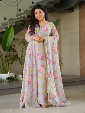 FANCY FAUX GEORGETTE FLOWER DIGITAL PRINT WORK GOWN WITH DUPATTA MULTI