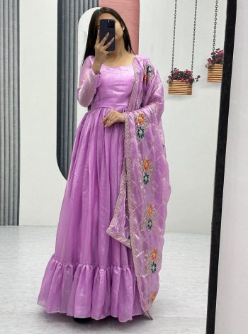 FANCY FENDI SILK RUFFLE WORK GOWN WITH DUPATTA LAVENDER