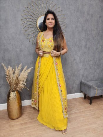 FANCY GEORGETTE EMBROIDERY LEHENGA SAREE WITH BLOUSE AND KOTI  YELLOW
