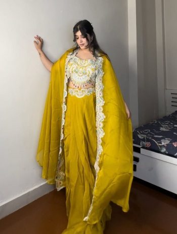 FANCY GEORGETTE EMBROIDERY SEQUENCE DIAMOND WORK BLOUSE SKIRT WITH KOTI YELLOW