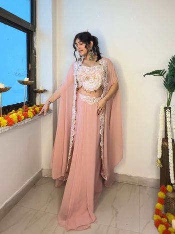 FANCY GEORGETTE EMBROIDERY SEQUENCE DIAMOND WORK BLOUSE SKIRT WITH KOTI PEACH