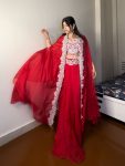 FANCY GEORGETTE EMBROIDERY SEQUENCE DIAMOND WORK BLOUSE SKIRT WITH KOTI RED