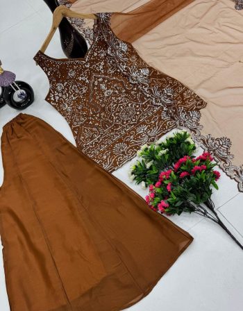 FANCY GEORGETTE EMBROIDERY SEQUENCE PEARL HAND WORK TOP PALAZZO WITH DUPATTA MUSTARD