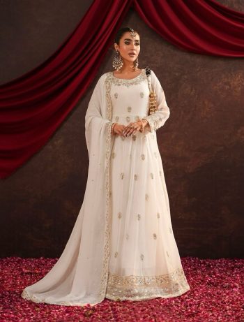 FANCY GEORGETTE EMBROIDERY SEQUENCE WORK GOWN BOTTOM WITH DUPATTA WHITE