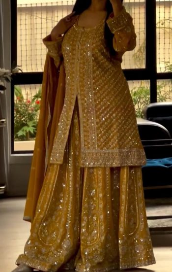 FANCY GEORGETTE EMBROIDERY SEQUENCE WORK  TOP PALAZZO WITH DUPATTA  YELLOW