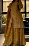 FANCY GEORGETTE EMBROIDERY SEQUENCE WORK  TOP PALAZZO WITH DUPATTA  YELLOW