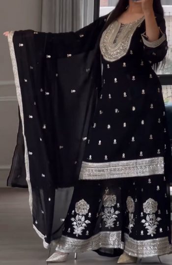 FANCY GEORGETTE EMBROIDERY SEQUENCE WORK TOP PALAZZO WITH DUPATTA BLACK