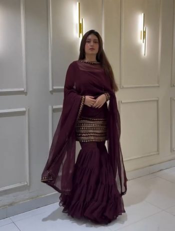 FANCY GEORGETTE EMBROIDERY SEQUENCE WORK TOP SHARARA WITH DUPATTA WINE
