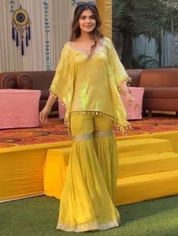 FANCY GEORGETTE EMBROIDERY SEQUENCE WORK WITH KODI LACE WORK KAFTAN TOP BLOUSE WITH SHARARA YELLOW