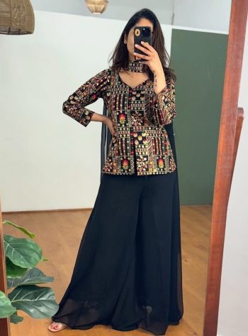 FANCY GEORGETTE EMBROIDERY WORK JACKET PALAZZO WITH DUPATTA  BLACK