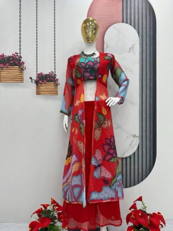 FANCY GEORGETTE KALAMKARI PRINTED STITCHED BLOUSE PALAZZO WITH SHRUG
