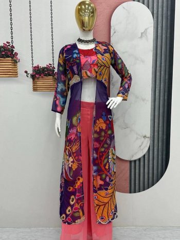 FANCY GEORGETTE KALAMKARI PRINTED STITCHED BLOUSE PALAZZO WITH SHRUG