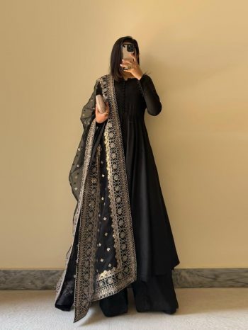 FANCY GEORGETTE POTLI BUTTON WORK GOWN PALAZZO WITH DUPATTA  BLACK