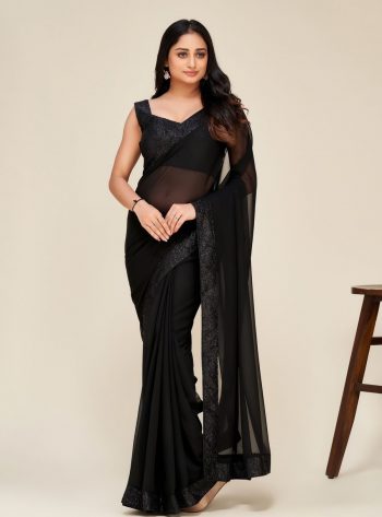 FANCY GEORGETTE SEQUENCE BORDER WORK SAREE WITH UNSTITCHED BLOUSE BLACK