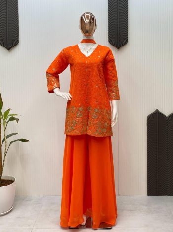 FANCY GEORGETTE SEQUENCE EMBROIDERY WORK TOP PALAZZO WITH DUPATTA ORANGE