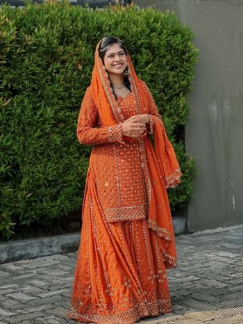 FANCY GEORGETTE SEQUENCE EMBROIDERY WORK TOP PALAZZO WITH DUPATTA ORANGE
