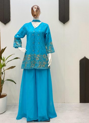 FANCY GEORGETTE SEQUENCE EMBROIDERY WORK TOP PALAZZO WITH DUPATTA SKY