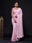 FANCY GEORGETTE SEQUENCE PIPING BORDER WORK SAREE WITH UNSTITCHED BLOUSE PINK