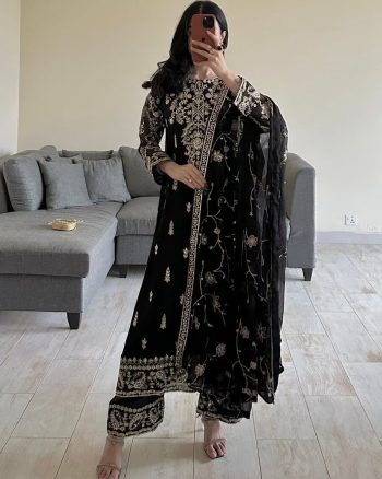 DESIGNER GEORGETTE THREAD SEQUENCE WORK TOP PALAZZO WITH DUPATTA BLACK