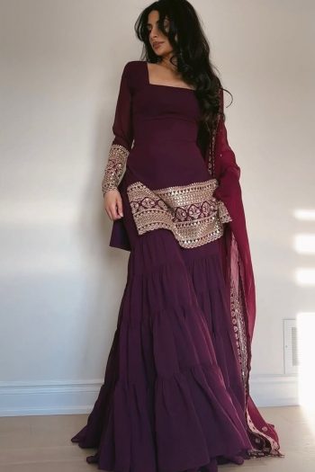 FANCY GEORGETTE THREAD WITH SEQUENCE WORK TOP SHARARA WITH DUPATTA  WINE