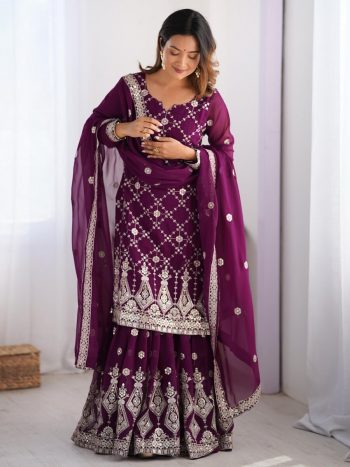 FANCY GEORGETTE THREAD WITH SEQUENCE WORK TOP SHARARA WITH DUPATTA WINE