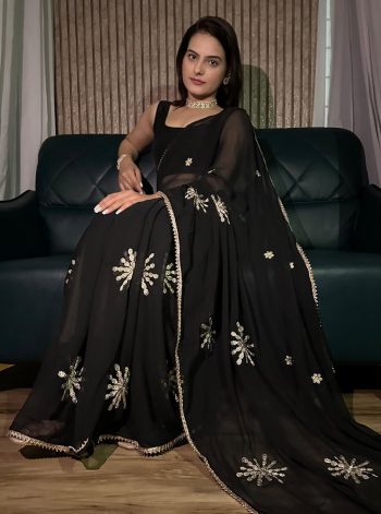 FANCY GEORGETTE ZARI EMBROIDERY WORK AND BORDER WORK SAREE WITH UNSTITCHED BLOUSE BLACK