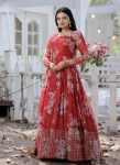 FANCY GEORGRETTE DIGITAL PRINTED EMBROIDERY ZARI SEQUENCE WORK ONLY GOWN RED