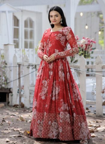 FANCY GEORGRETTE DIGITAL PRINTED EMBROIDERY ZARI SEQUENCE WORK ONLY GOWN RED