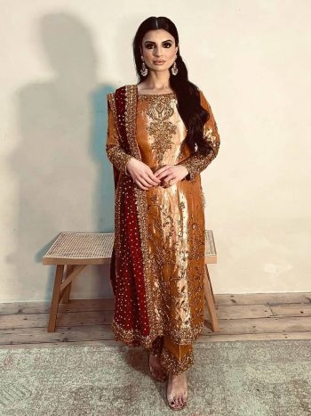FANCY JIMMY CHOO EMBROIDERY SEQUENCE WITH MOTI WORK TOP BOTTOM WITH DUPATTA CHIKU