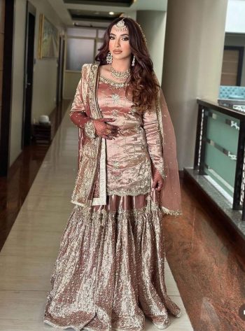 FANCY JIMMY CHOO EMBROIDERY SEQUENCE WORK TOP SHARARA WITH DUPATTA CHIKU