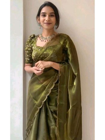 FANCY JIMMY CHOO PLAIN ARC BORDER SAREE WITH EMBROIDERY WORK UNSTITCHED BLOUSE MEHNDI