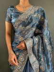 FANCY JIMMY CHOO GOLD FLOWER WITH SILVER STONE WORK SAREE WITH UNSTITCHED BLOUSE PARTY WEAR WHOLESALE PRICE ETHNIC GARMENT (13)