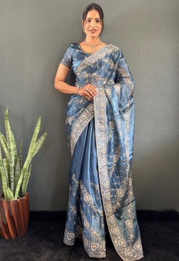 FANCY JIMMY CHOO GOLD FLOWER WITH SILVER STONE WORK SAREE WITH UNSTITCHED BLOUSE GREY