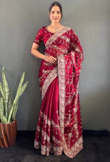 FANCY JIMMY CHOO GOLD FLOWER WITH SILVER STONE WORK SAREE WITH UNSTITCHED BLOUSE RED