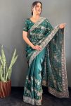 FANCY JIMMY CHOO GOLD FLOWER WITH SILVER STONE WORK SAREE WITH UNSTITCHED BLOUSE GREEN