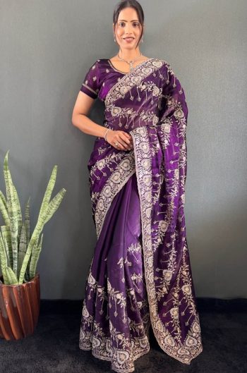 FANCY JIMMY CHOO GOLD FLOWER WITH SILVER STONE WORK SAREE WITH UNSTITCHED BLOUSE PURPLE