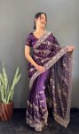 FANCY JIMMY CHOO GOLD FLOWER WITH SILVER STONE WORK SAREE WITH UNSTITCHED BLOUSE PARTY WEAR WHOLESALE PRICE ETHNIC GARMENT (6)