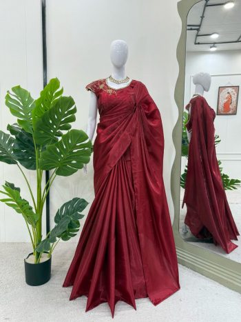 FANCY JIMMY CHOO PLAIN SAREE WITH UNSTITCHED BLOUSE MAROON