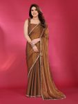 FANCY JIMMY CHOO PLAIN WITH DECORATIVE LACE WORK SAREE WITH UNSTITCHED BLOUSE CHIKU
